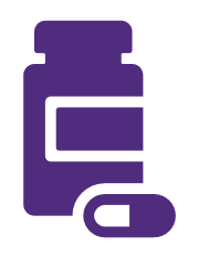 A purple bottle and pill  Description automatically generated
