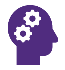 A purple head with gears inside  Description automatically generated